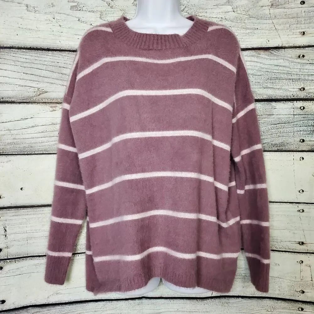 Staccato Mauve White Striped Soft Fuzzy Sweater Women’s Small Cozy Knit